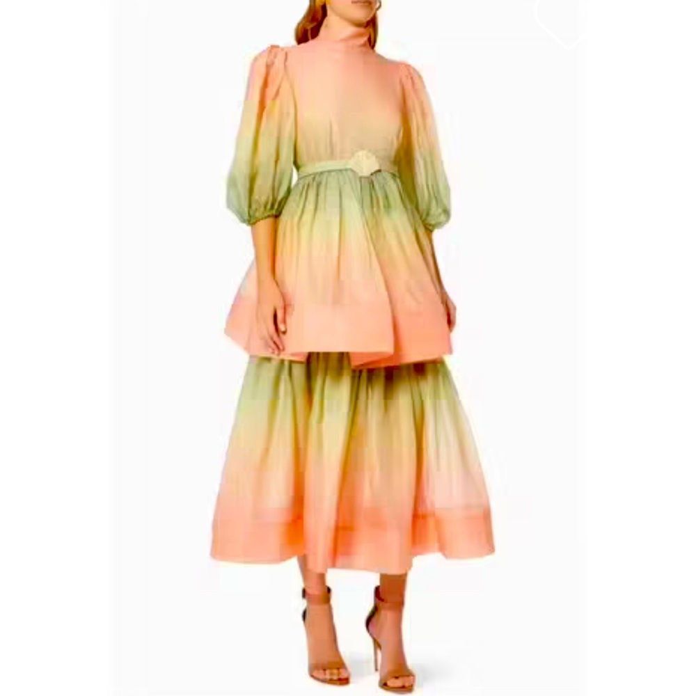 ZIMMERMANN Dress Watermelon Ombré Tiered Style In Pink and Green with Shell Belt